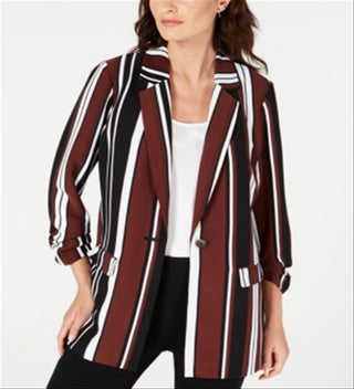 Alfani Women's Striped Ruched Sleeve Topper Jacket -Brown Size L