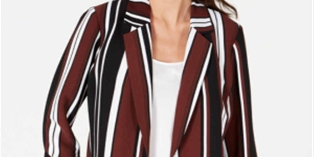 Alfani Women's Striped Ruched Sleeve Topper Jacket -Brown Size L