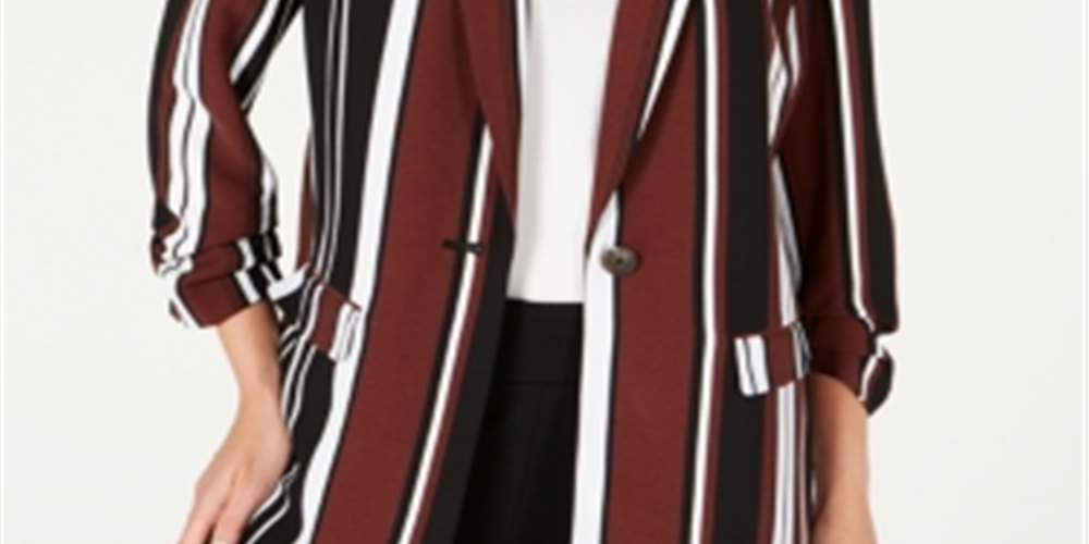 Alfani Women's Striped Ruched Sleeve Topper Jacket -Brown Size L