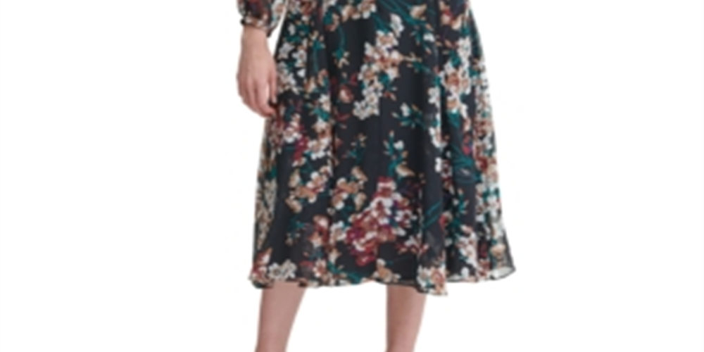 Tommy Hilfiger Women's Floral Long Sleeve Jewel Neck MIDI Sheath Dress Black Size 12