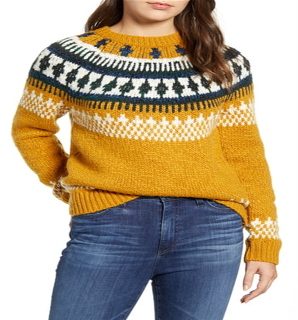 Lucky Brand Women's Printed Long Sleeve Crew Neck Sweater Yellow Size Medium