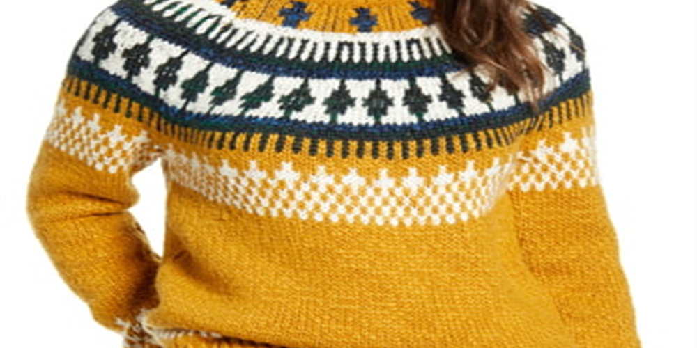 Lucky Brand Women's Printed Long Sleeve Crew Neck Sweater Yellow Size Medium