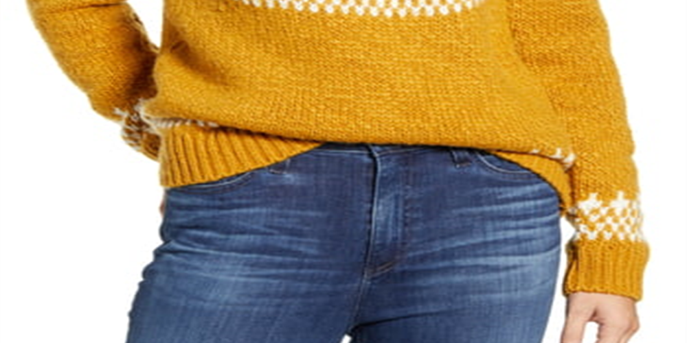 Lucky Brand Women's Printed Long Sleeve Crew Neck Sweater Yellow Size Medium