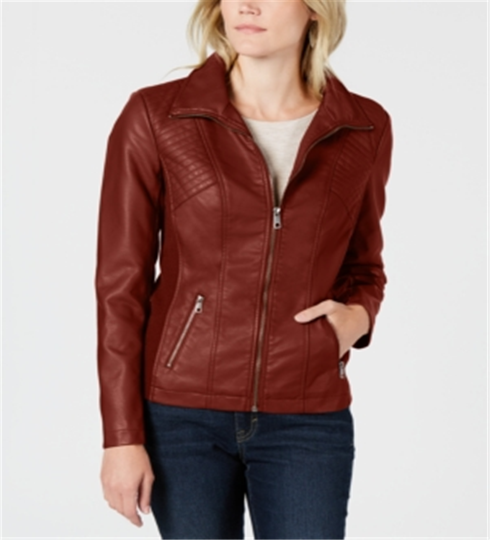 Style & Co Women's Faux Leather Moto Jacket Red Size Small