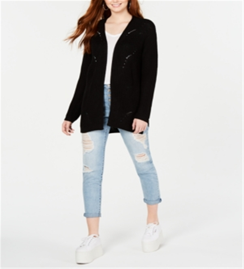 Hippie Rose Women's Pointelle Long Sleeves Cardigan Sweater Black Size M