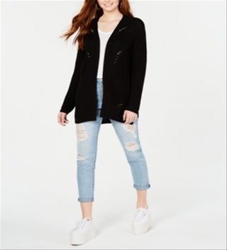 Hippie Rose Women's Pointelle Long Sleeves Cardigan Sweater Black Size M