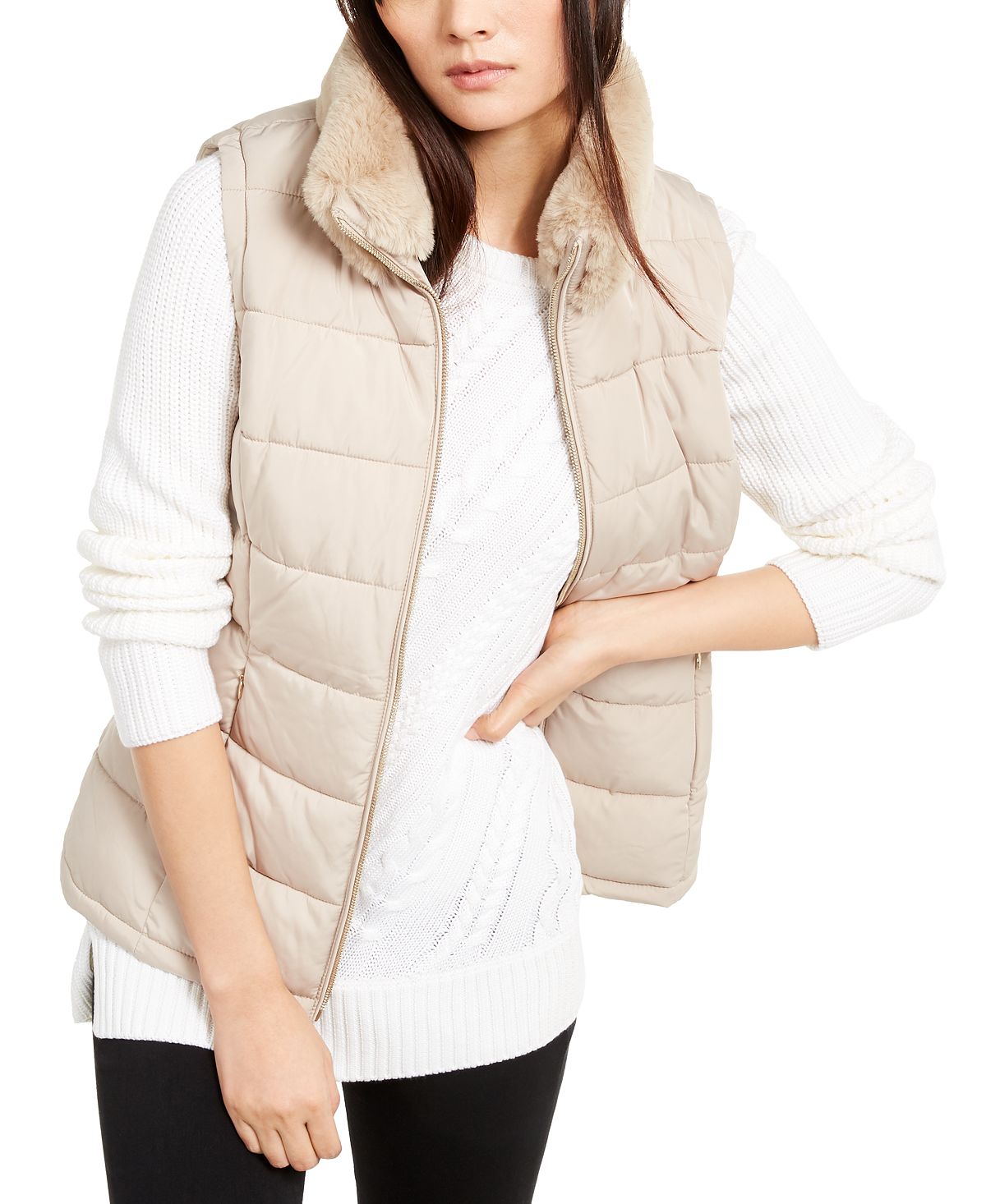 Calvin Klein Women's Faux-Fur Collar Vest Brown Size Large