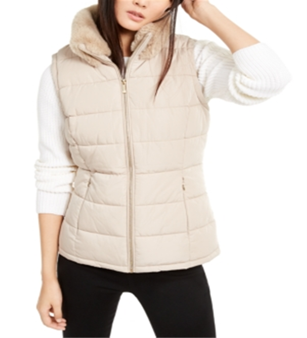 Calvin Klein Women's Faux-Fur Collar Vest Brown Size Large