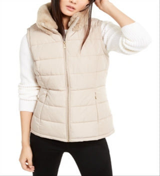 Calvin Klein Women's Faux-Fur Collar Vest Brown Size Large