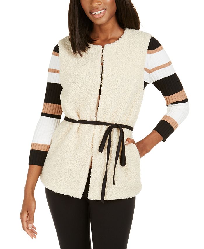 INC International Concepts Women's Faux Shearling Duster with Sueded Belt Brown Size S/M