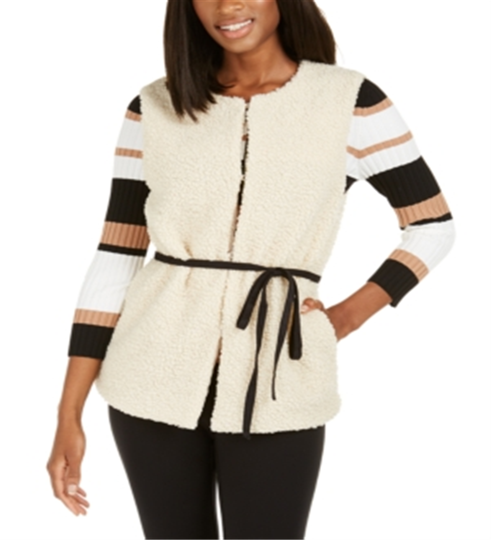 INC International Concepts Women's Faux Shearling Duster with Sueded Belt Brown Size S/M