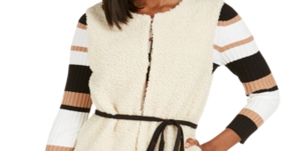 INC International Concepts Women's Faux Shearling Duster with Sueded Belt Brown Size S/M