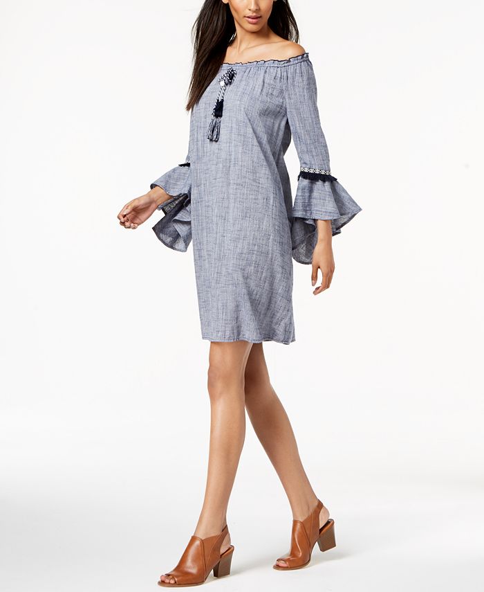 Style & Co Women's Cotton Off the Shoulder Dress Blue Size X-Large