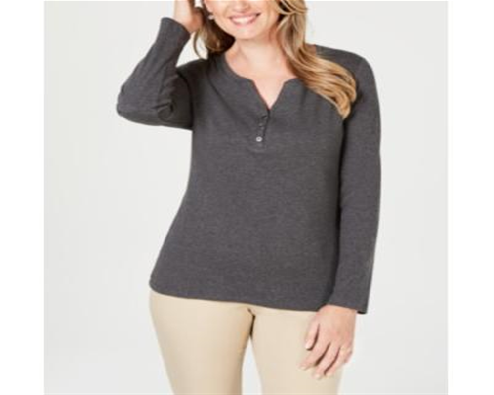 Karen Scott Women's Cotton Henley Top Gray Size Medium