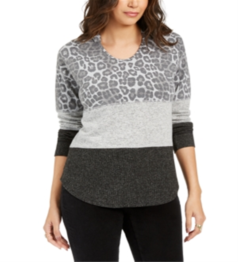 Style & Co Women's Animal Print Long Sleeve Scoop Neck T-Shirt Sweater Size Gray Size Medium