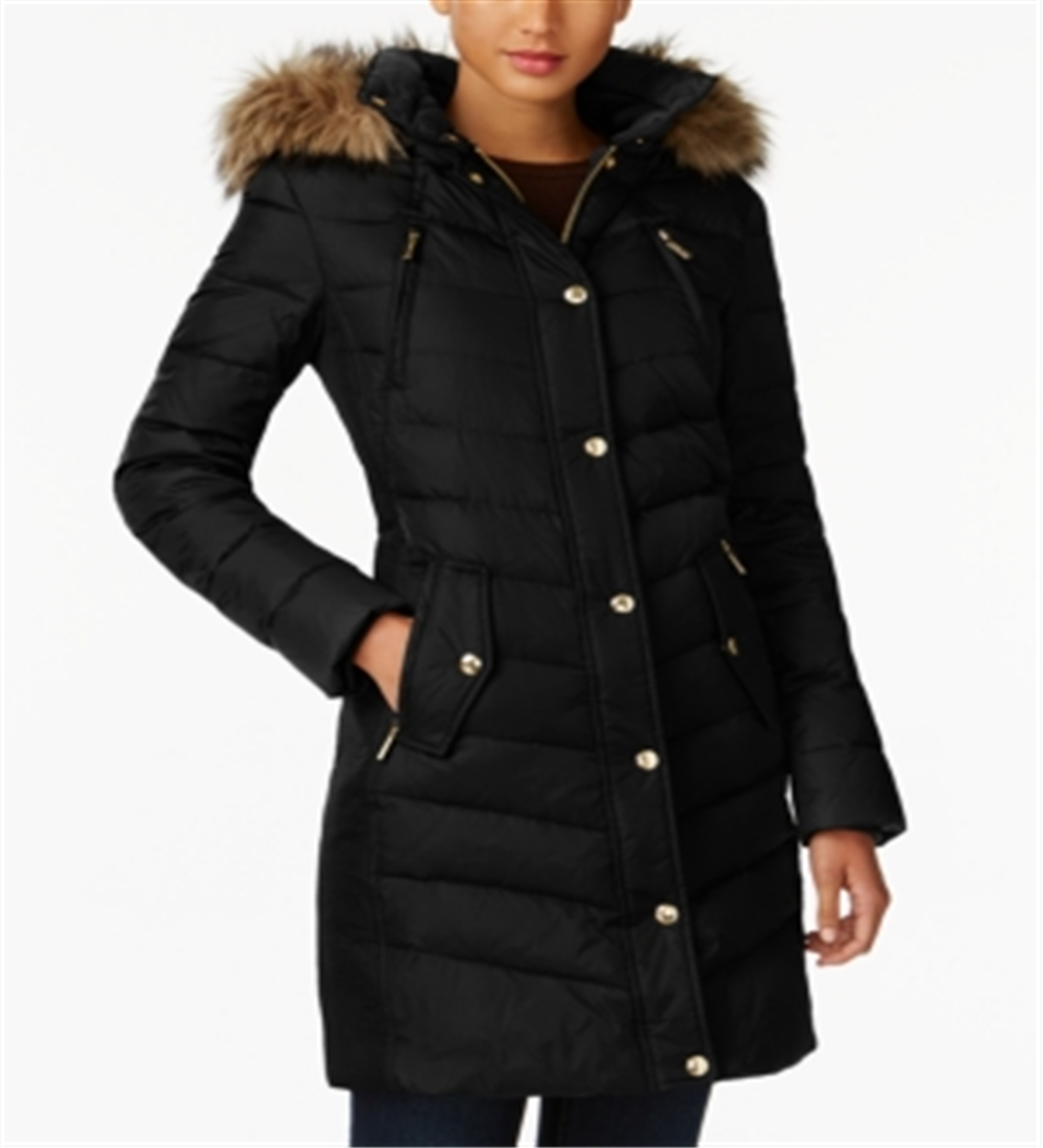 Michael Kors Women's Faux Fur Trim Hooded Chevron Down Puffer Coat Black Size XS