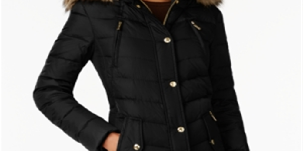 Michael Kors Women's Faux Fur Trim Hooded Chevron Down Puffer Coat Black Size XS