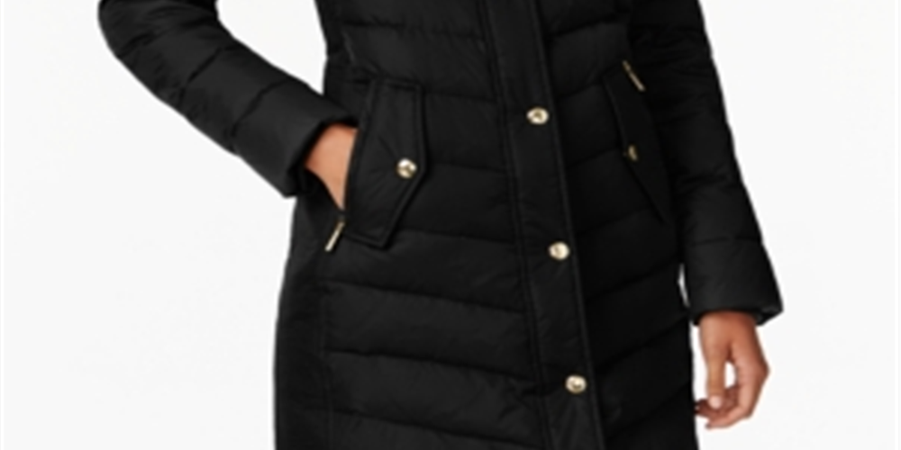 Michael Kors Women's Faux Fur Trim Hooded Chevron Down Puffer Coat Black Size XS