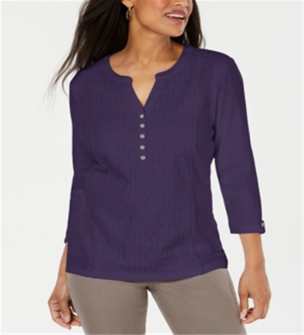 Karen Scott Women's Eyelet Front Cotton Henley Top Purple Size Petite Medium