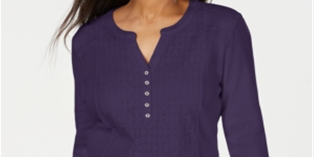 Karen Scott Women's Eyelet Front Cotton Henley Top Purple Size Petite Medium