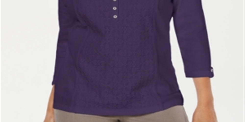 Karen Scott Women's Eyelet Front Cotton Henley Top Purple Size Petite Medium