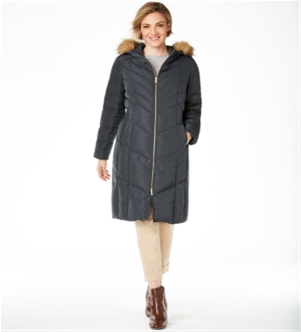 Cole Haan Women's Chevron Quilted Faux Fur Trim Down Coat Gray Size Small