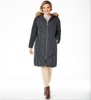 Cole Haan Women's Chevron Quilted Faux Fur Trim Down Coat Gray Size Small