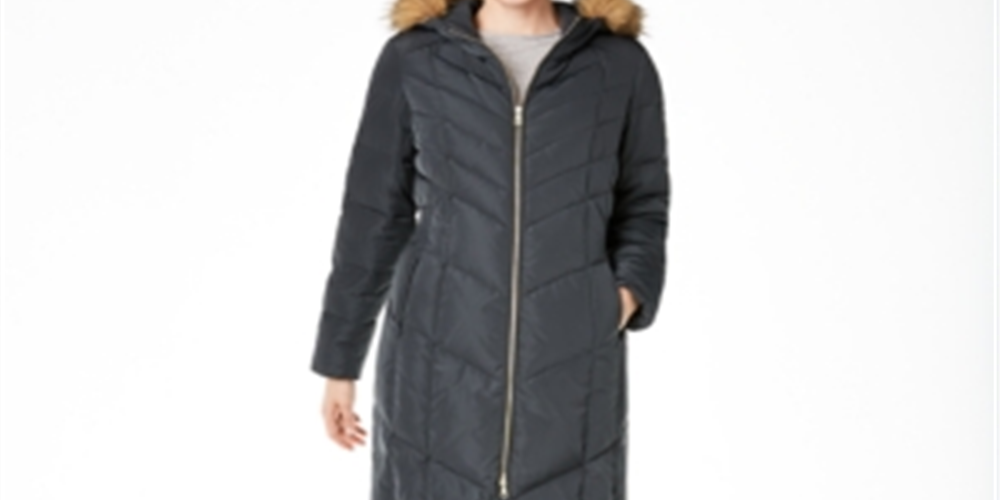 Cole Haan Women's Chevron Quilted Faux Fur Trim Down Coat Gray Size Small