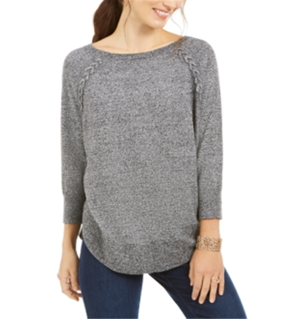 Style & Co Women's Lace up Chevron Trim Sweater Gray Size Petite M