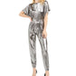 Michael Kors Women's Solid Crew Neck T-Shirt Straight Leg Party Jumpsuit Silver Size Small