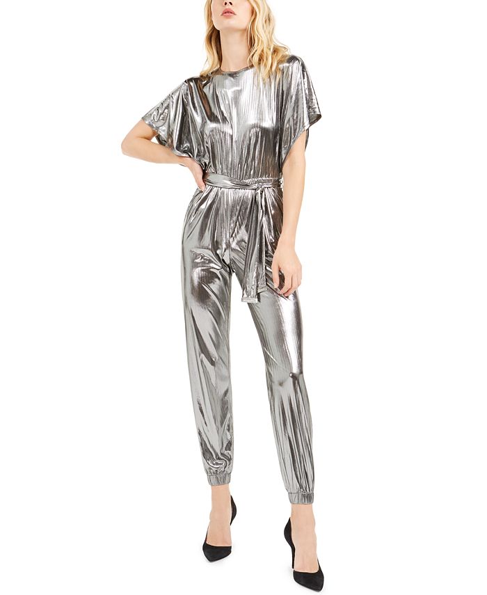 Michael Kors Women's Solid Crew Neck T-Shirt Straight Leg Party Jumpsuit Silver Size Small