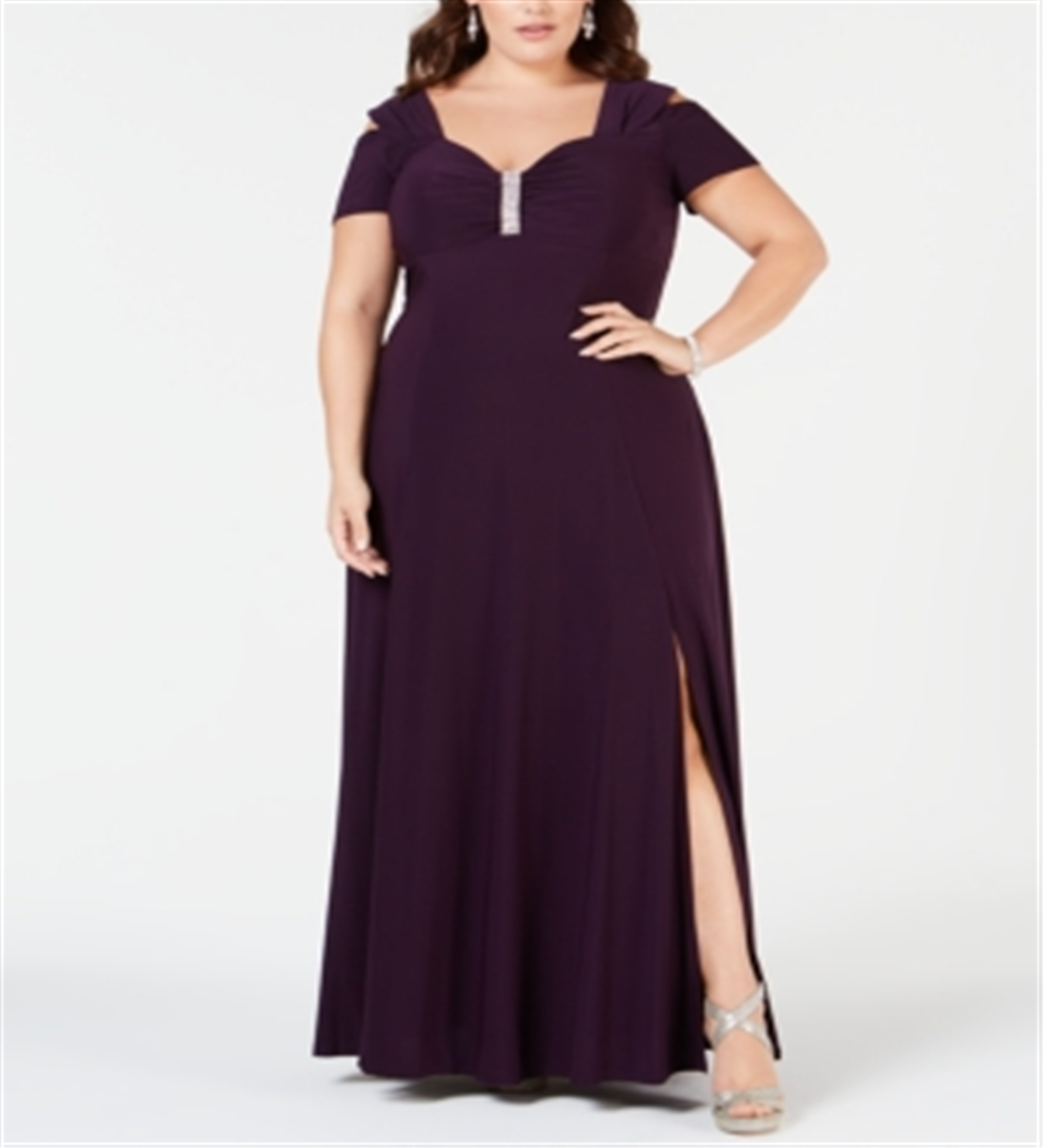 R & M Richards Women's Embellished Short Sleeve Sweetheart Neckline Full Length Sheath Formal Dress Purple Size 18W
