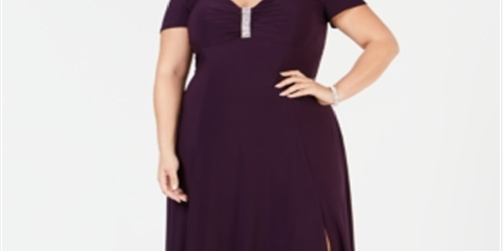 R & M Richards Women's Embellished Short Sleeve Sweetheart Neckline Full Length Sheath Formal Dress Purple Size 18W