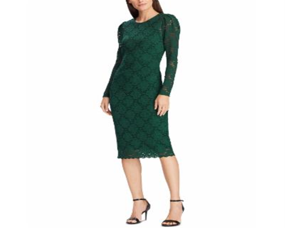 Ralph Lauren Women's Embroidered Lace Long Sleeve Jewel Neck Above the Knee Sheath Wear to Work Dress Green Size 18