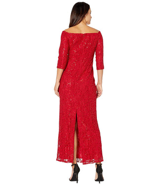 Alex Evenings Women's Long Off the Shoulder Sequin Lace Column Dress Red Size 12P