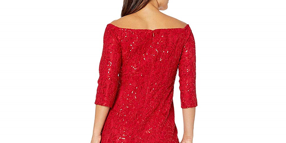 Alex Evenings Women's Long Off the Shoulder Sequin Lace Column Dress Red Size 12P