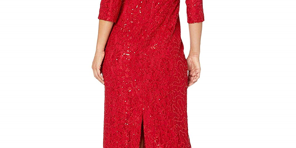 Alex Evenings Women's Long Off the Shoulder Sequin Lace Column Dress Red Size 12P