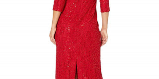 Alex Evenings Women's Long Off the Shoulder Sequin Lace Column Dress Red Size 12P