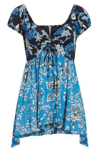 Free People Women's Knit Top La Bamba Babydoll Tie Front Blue Size XS