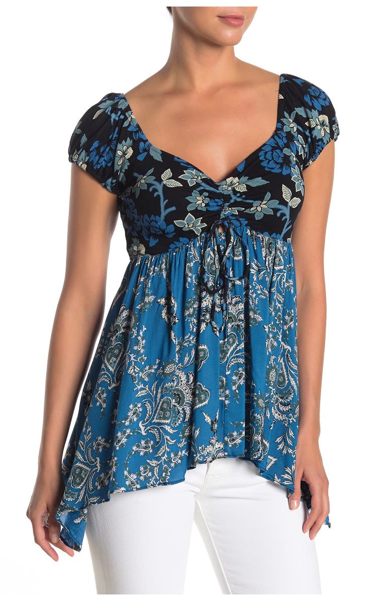 Free People Women's Knit Top La Bamba Babydoll Tie Front Blue Size XS