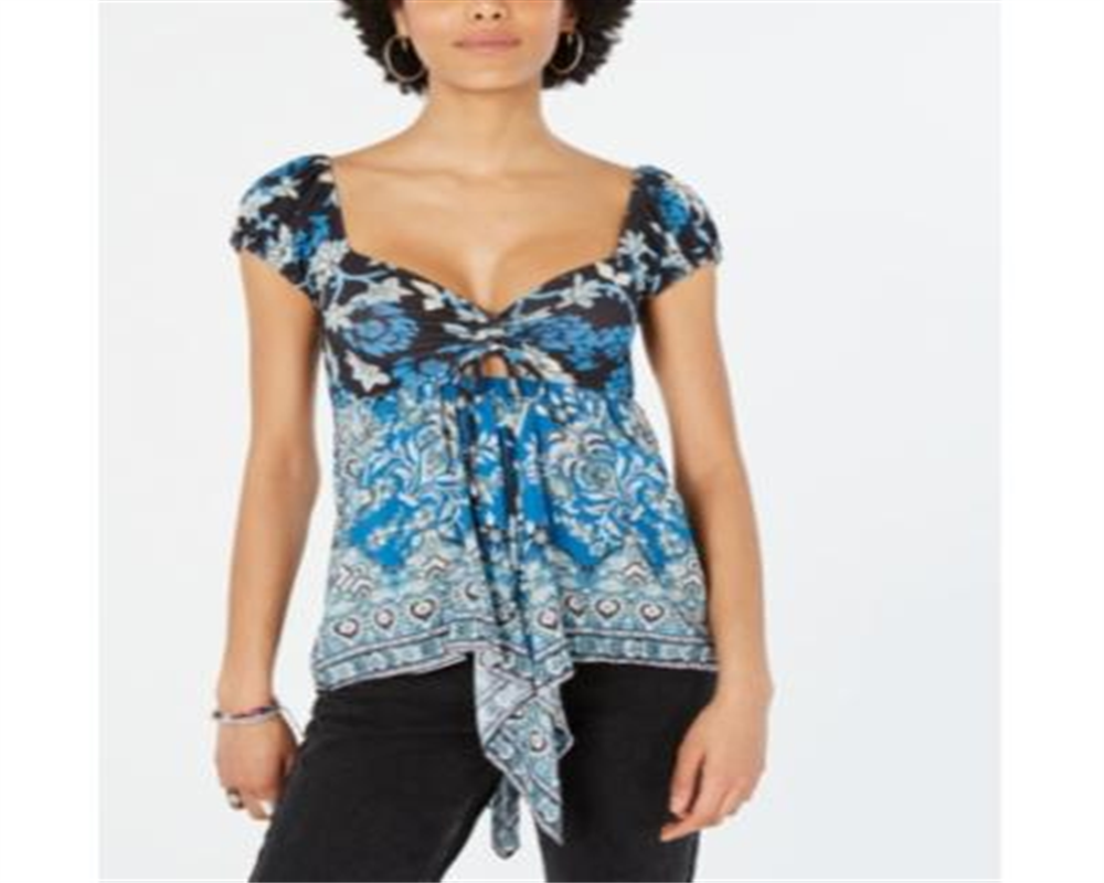 Free People Women's Knit Top La Bamba Babydoll Tie Front Blue Size XS