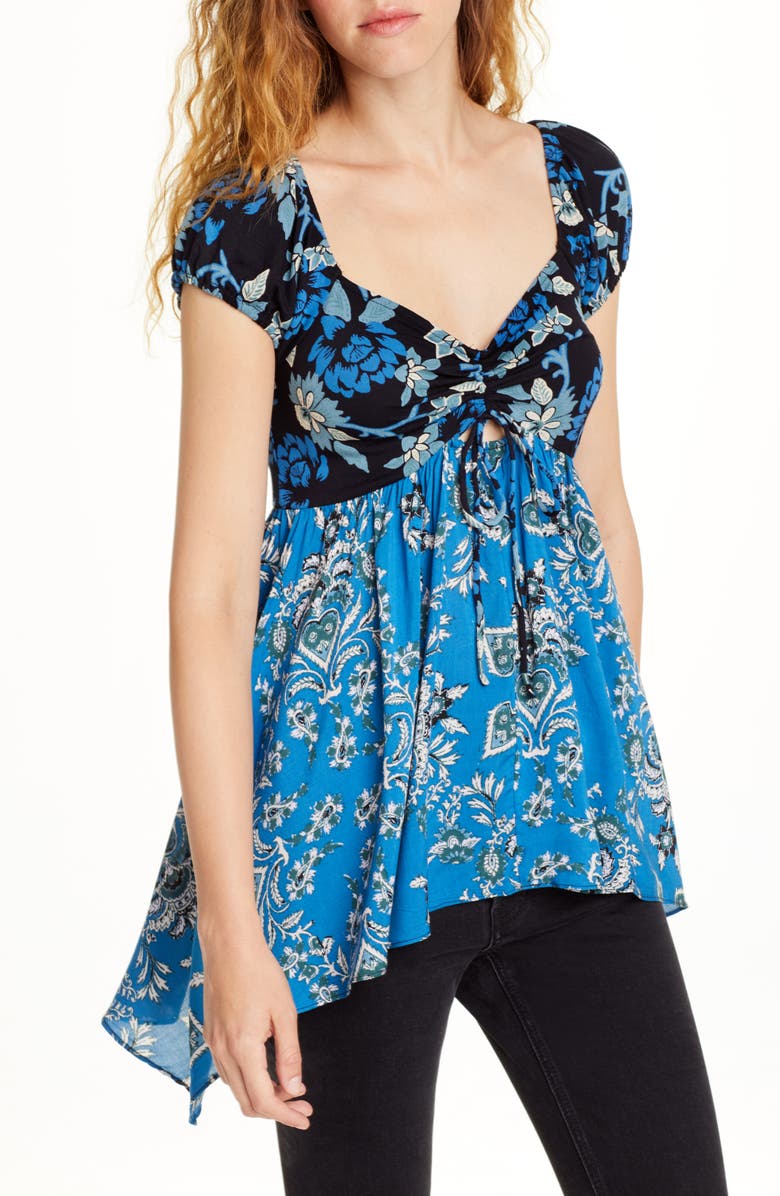 Free People Women's Knit Top La Bamba Babydoll Tie Front Blue Size XS