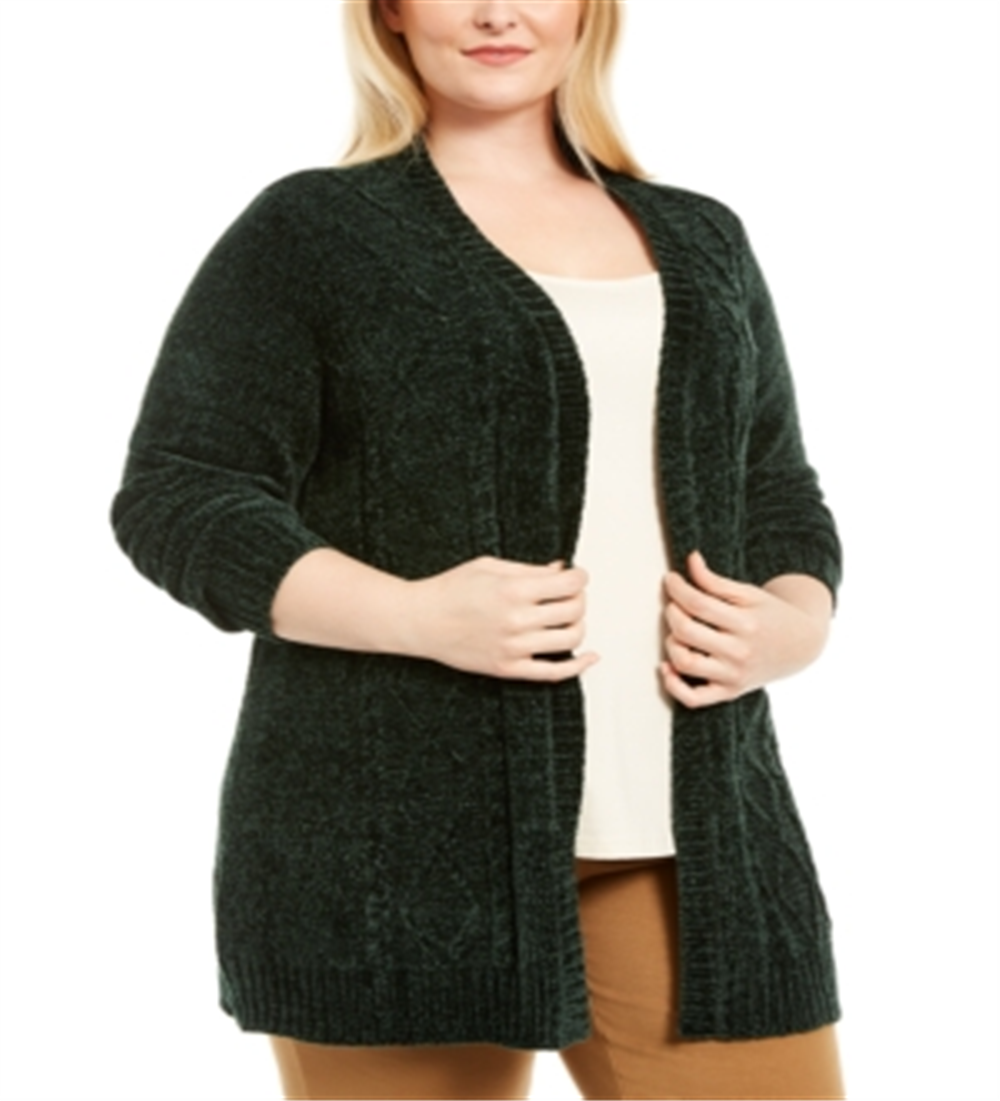 Karen Scott Women's Plus Open Front Chenille Cardigan Green Size 3XL