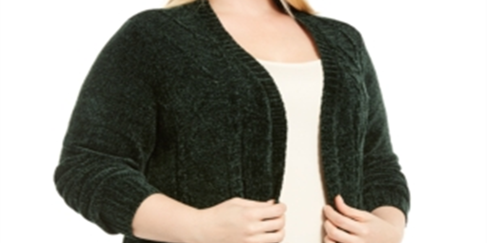 Karen Scott Women's Plus Open Front Chenille Cardigan Green Size 3XL