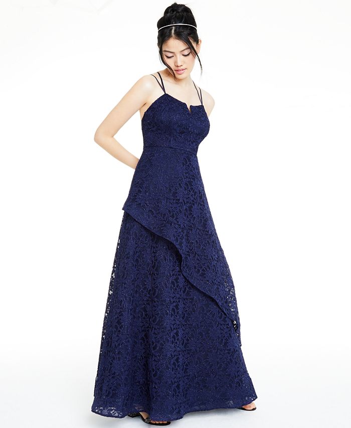 BCX Women's Glitter Floral Spaghetti Strap V Neck Full Length Fit Flare Formal Dress Blue Size 1