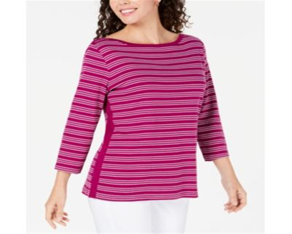 Karen Scott Women's Cotton Striped Vented Hem Top Pink Size X-Large