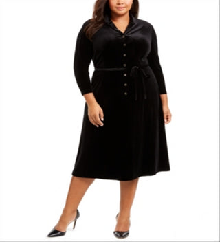 Anne Klein Women's Velvet Button Down a Line Dress Black Size 24W