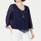 JM Collection Women's Asymmetrical Necklace Blouse Blue Size Small