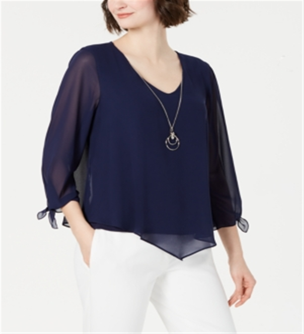 JM Collection Women's Asymmetrical Necklace Blouse Blue Size Small