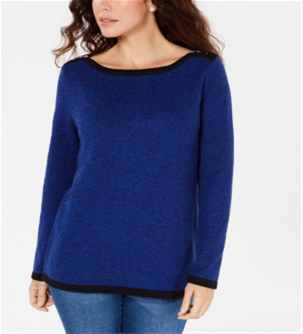 Karen Scott Women's Cotton Contrast-Trim Sweater Blue Size XX-Large